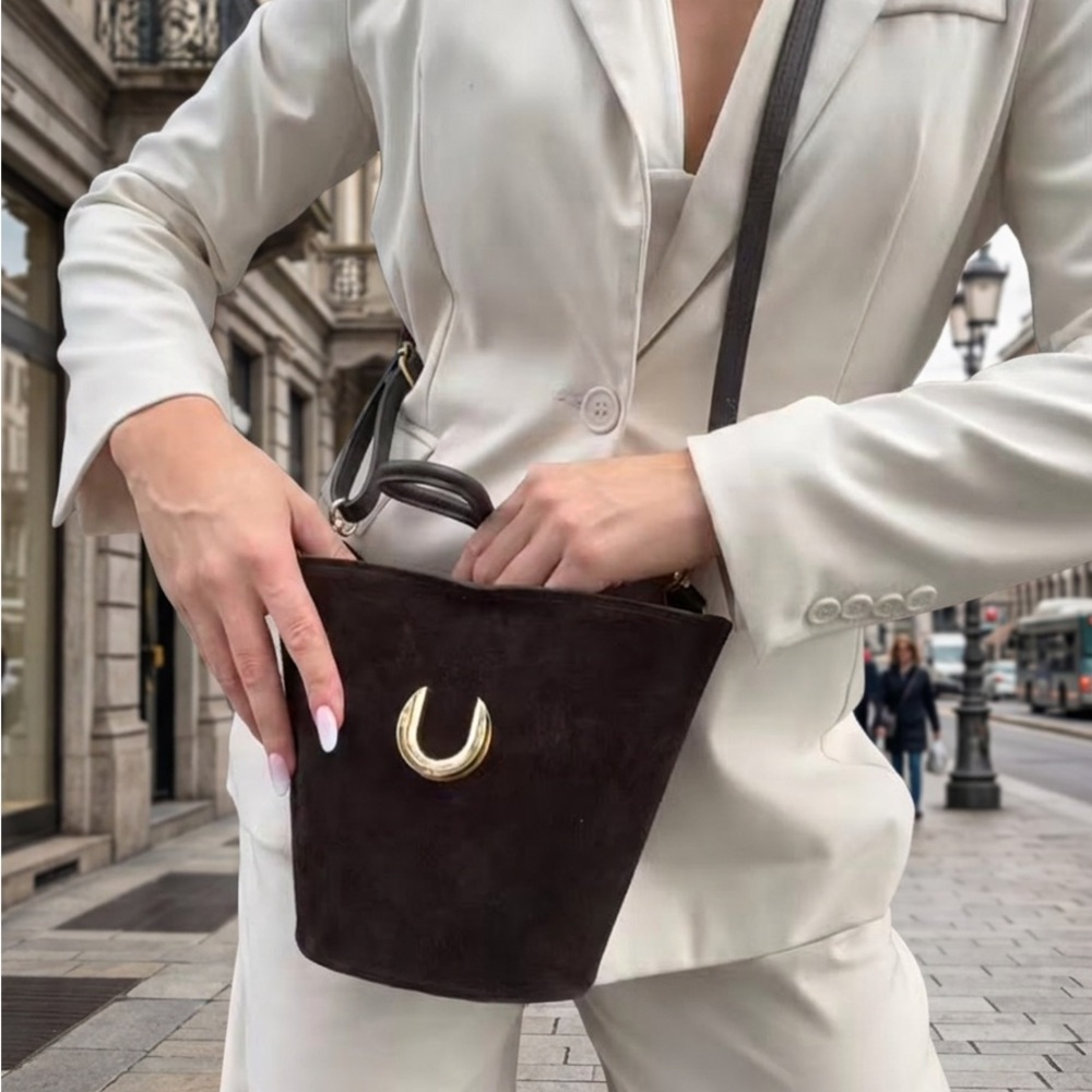 Elegant Made in Italy dark brown Suede Crossbody Bag with Gold Accent